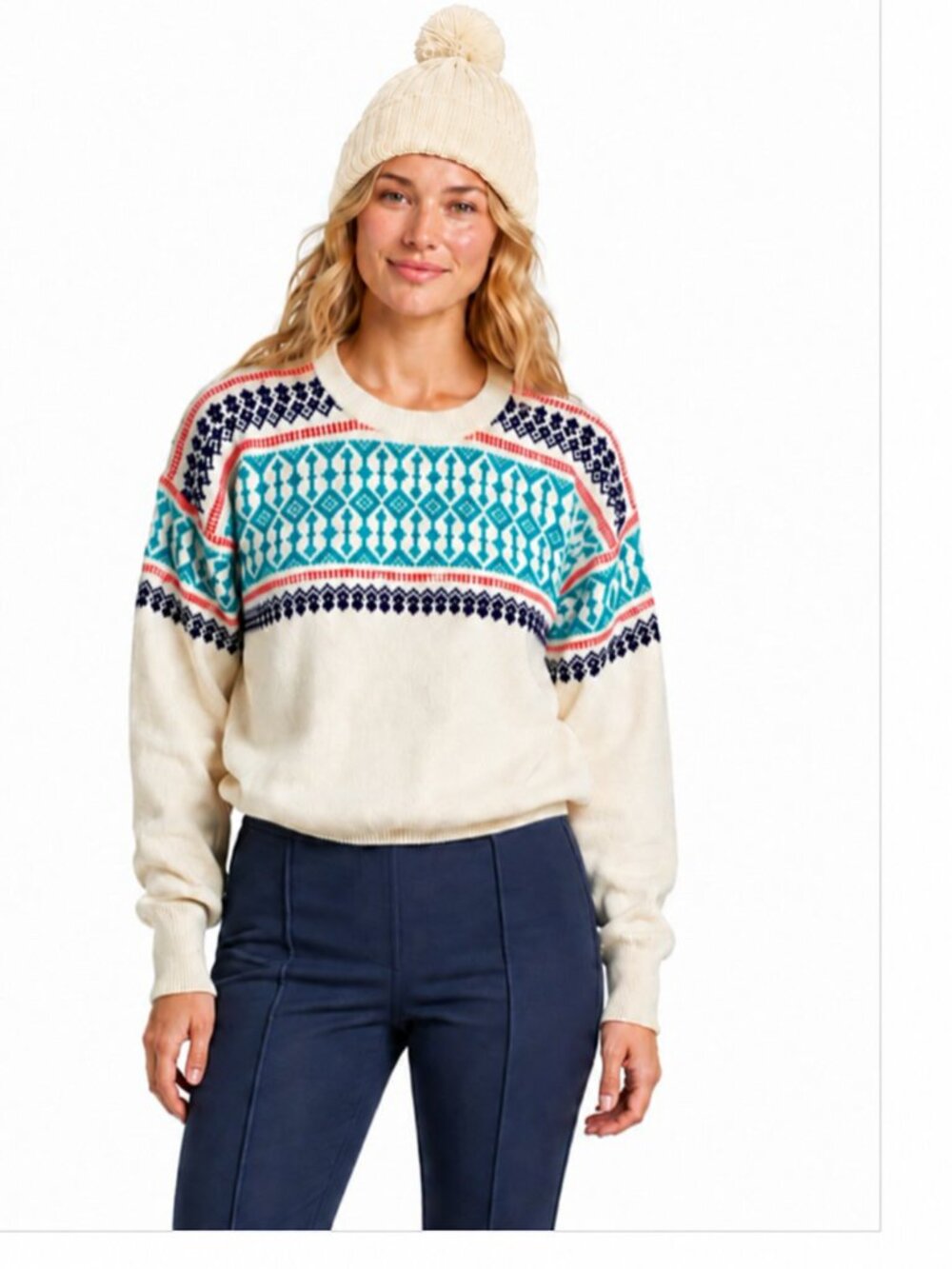 Meister Vintage 70s Wool‎ Blend Nordic Fair Isle Sweater M Cream Teal Apres Ski